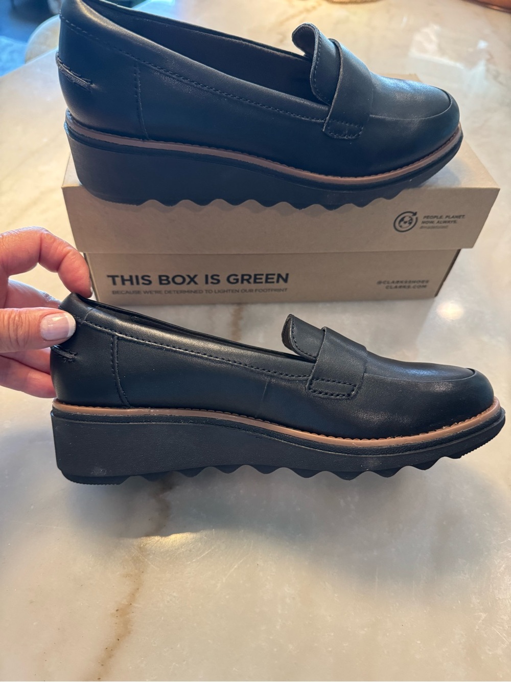 Clarks Black Leather Platform Penny Loafers
